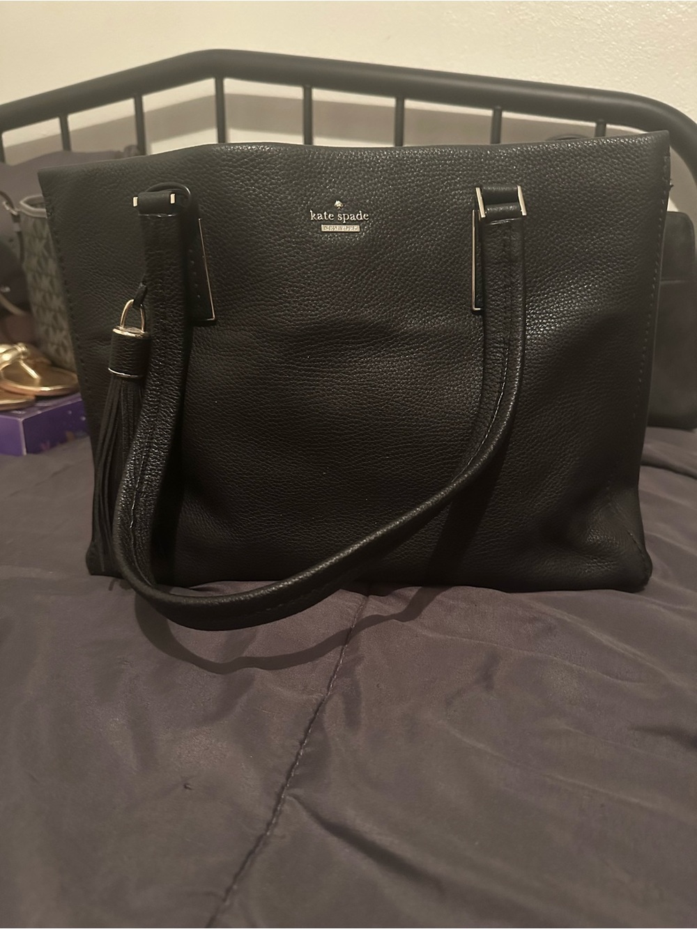 kate spade Black Pebbled Leather Shoulder Tote with Tassel Charm